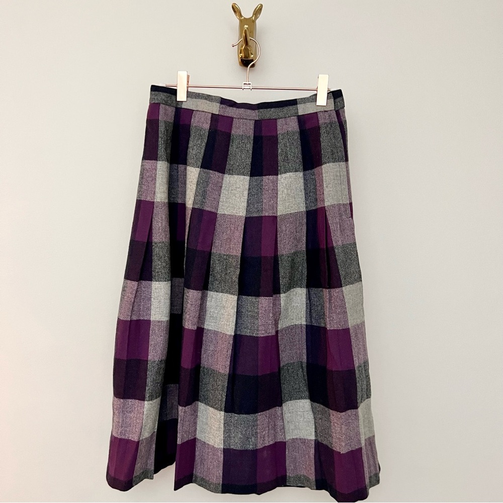 Vintage Union Made Purple Plaid Wool Blend Pleated Skirt - Picture 8 of 16